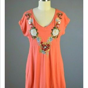 Johnny Was orange v-neck embroidered tunic dress